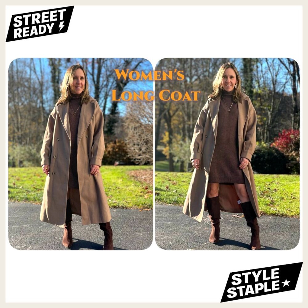 Long Wool Blend Pea Coat Double Breasted Notched Lapel Winter Overcoat - Picture 7 of 7